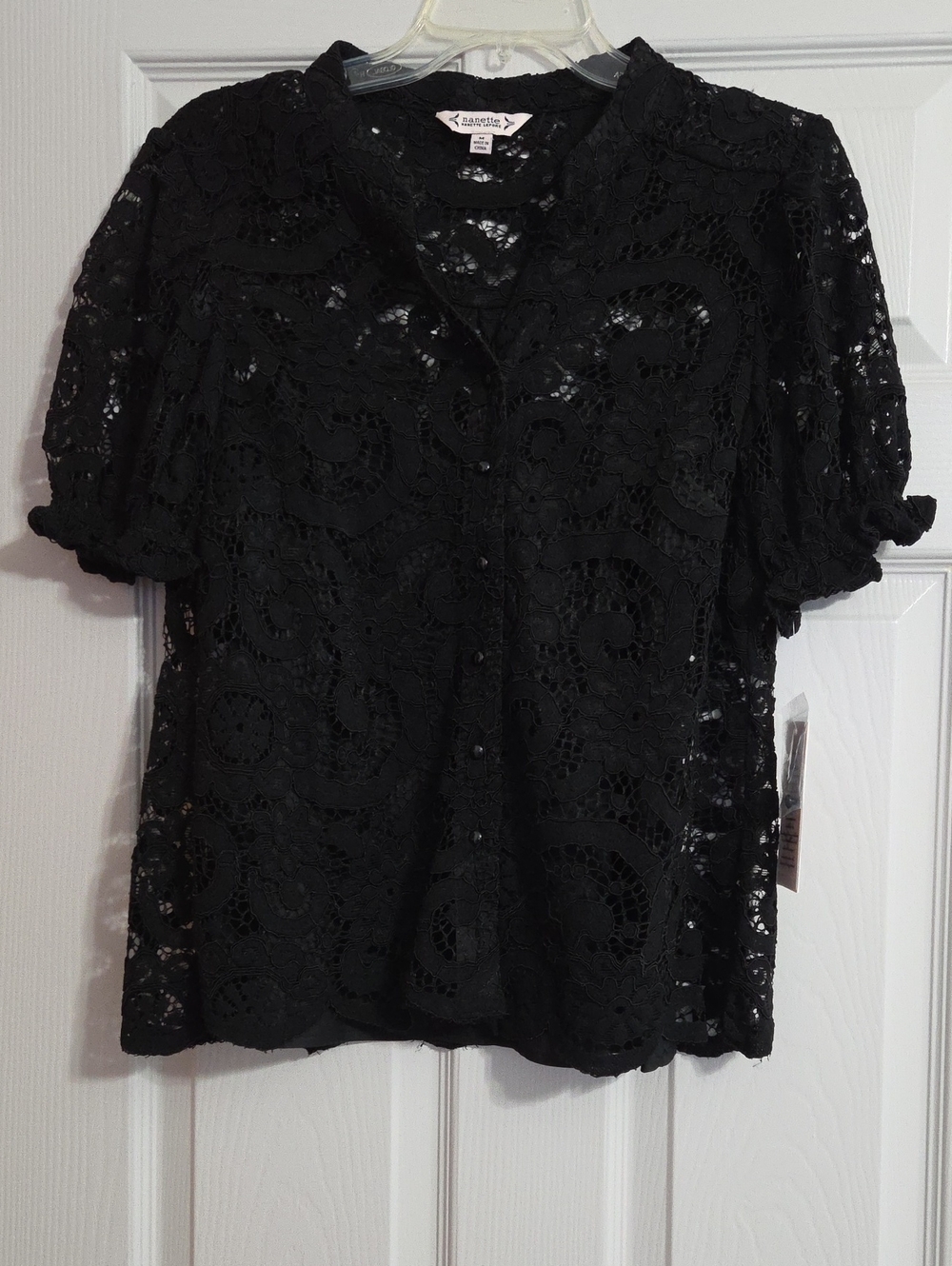 Nanette Lepore Black Floral Lace Button-Down Blouse Short Sleeve